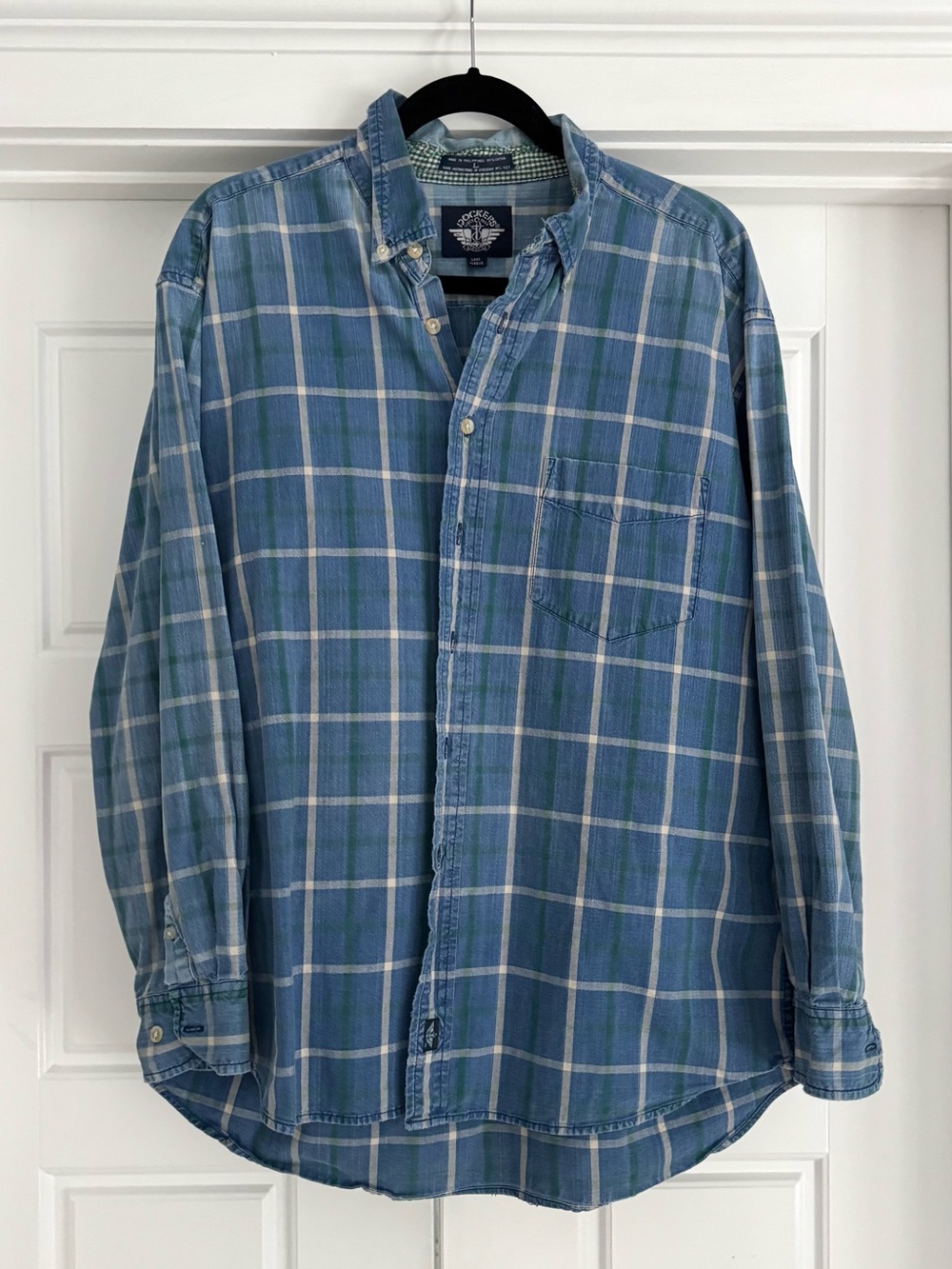 Vintage 1990s Dockers Green Blue Plaid Button Down Shirt - Large